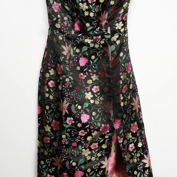 Black Satin Floral Jacquard Strapless Midi Dress - Picture 4 of 4